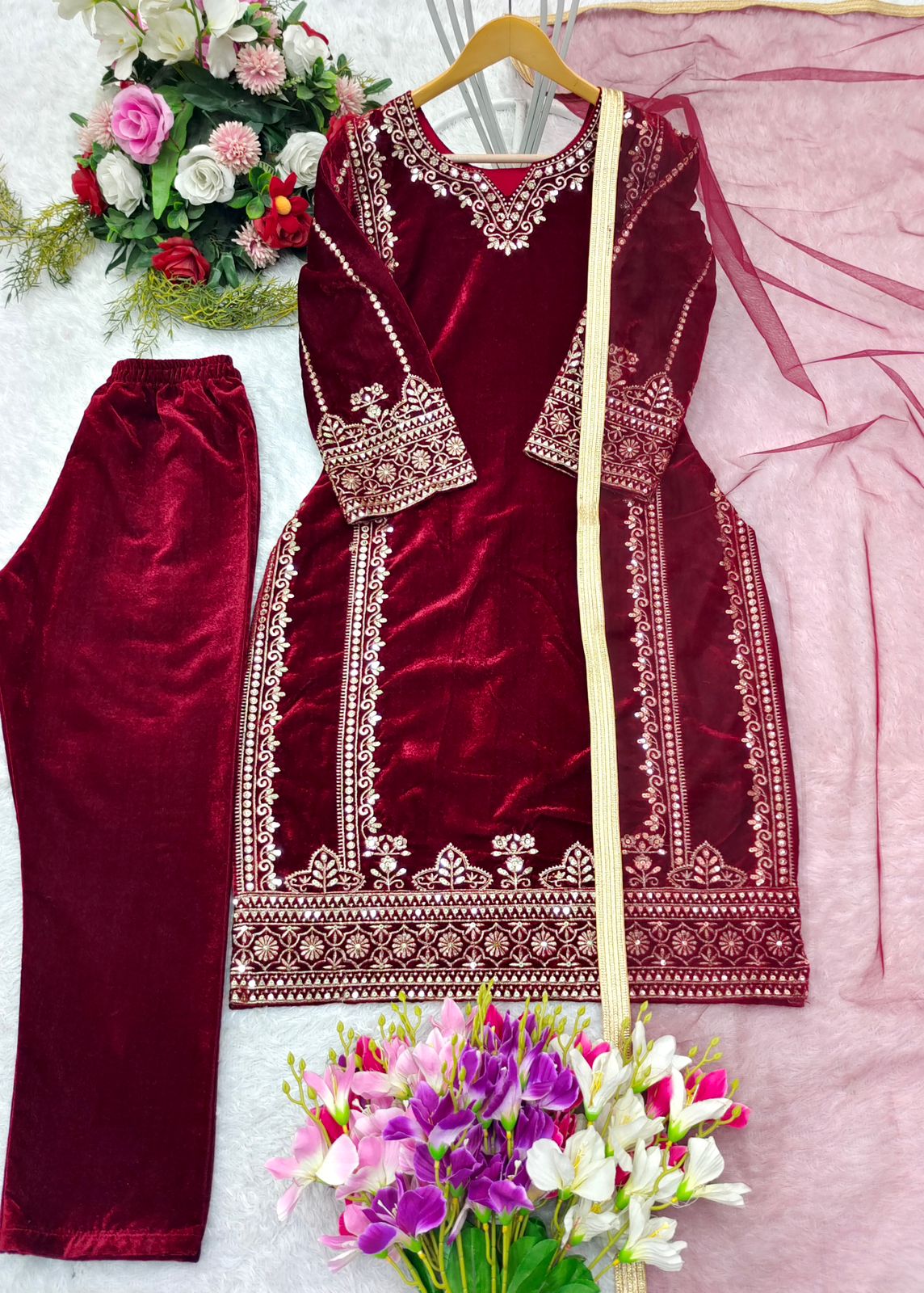 Preferable Maroon Color Pure 9000 Viscous Velvet With Heavy Embroidery 5mm Sequence Work Velvet Suit