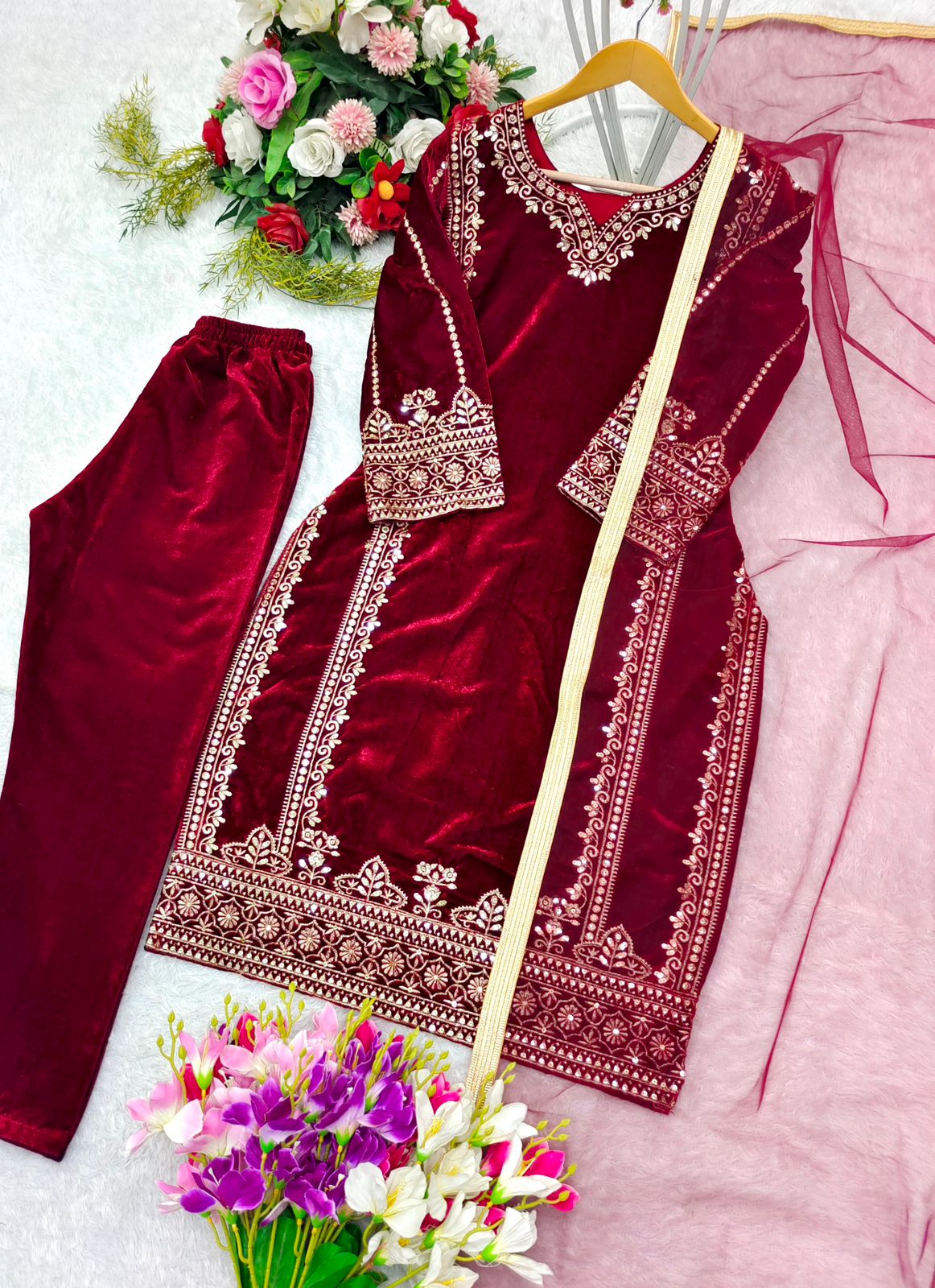 Preferable Maroon Color Pure 9000 Viscous Velvet With Heavy Embroidery 5mm Sequence Work Velvet Suit