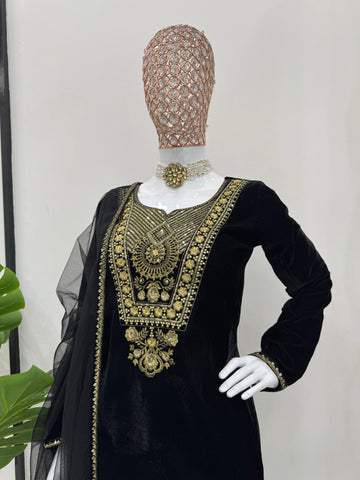 Fantastic Viscos Velvet Black Color Thread With Sequence Work Salwar Suit