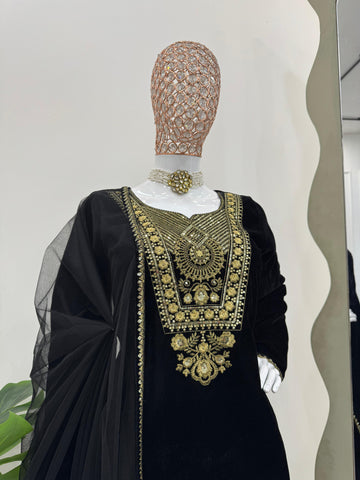 Fantastic Viscos Velvet Black Color Thread With Sequence Work Salwar Suit