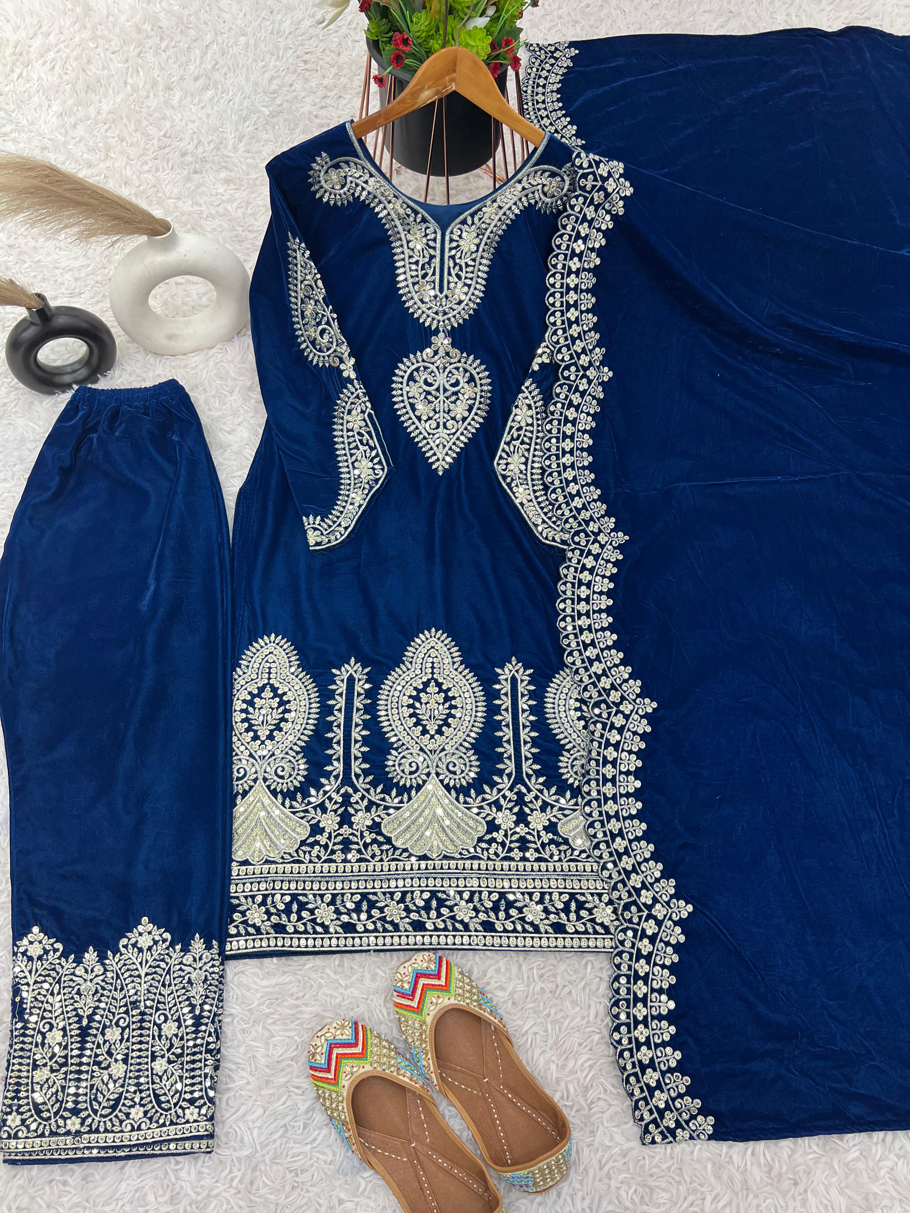 Function Wear Blue Color Heavy Viscose Velvet With Heavy Embroidery Sequence Work Salwar Suit