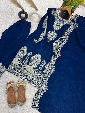 Function Wear Blue Color Heavy Viscose Velvet With Heavy Embroidery Sequence Work Salwar Suit