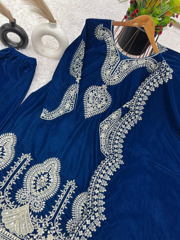 Function Wear Blue Color Heavy Viscose Velvet With Heavy Embroidery Sequence Work Salwar Suit