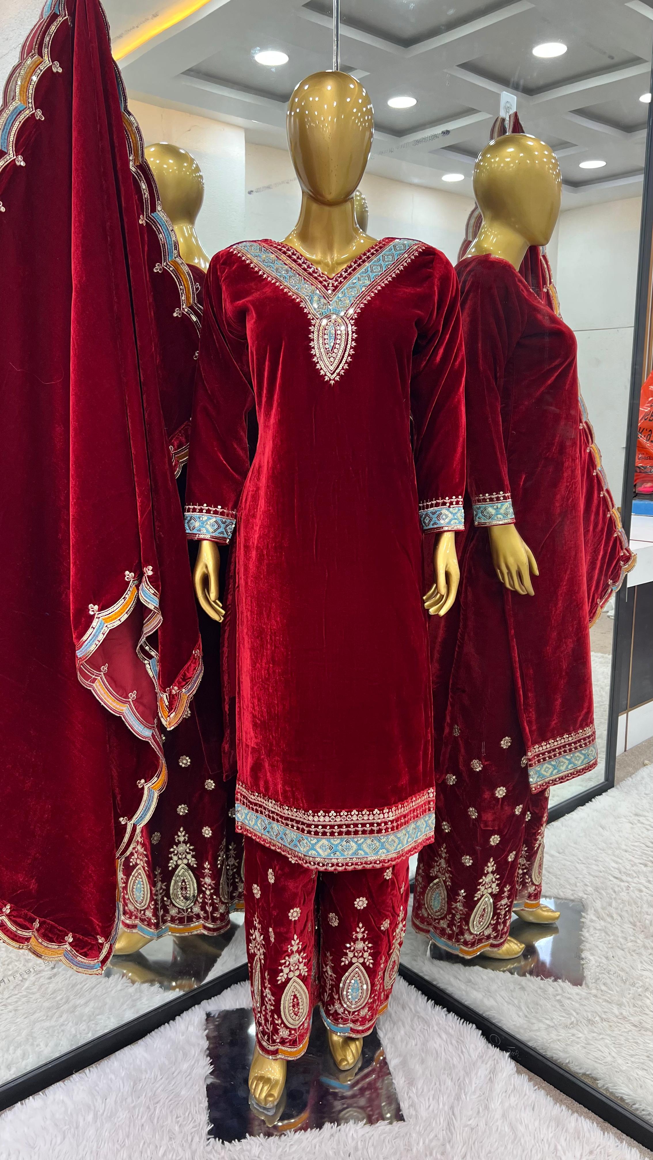 Party Wear Maroon Color Heavy Viscose Velvet With Heavy Embroidery Sequence Work Salwar Suit