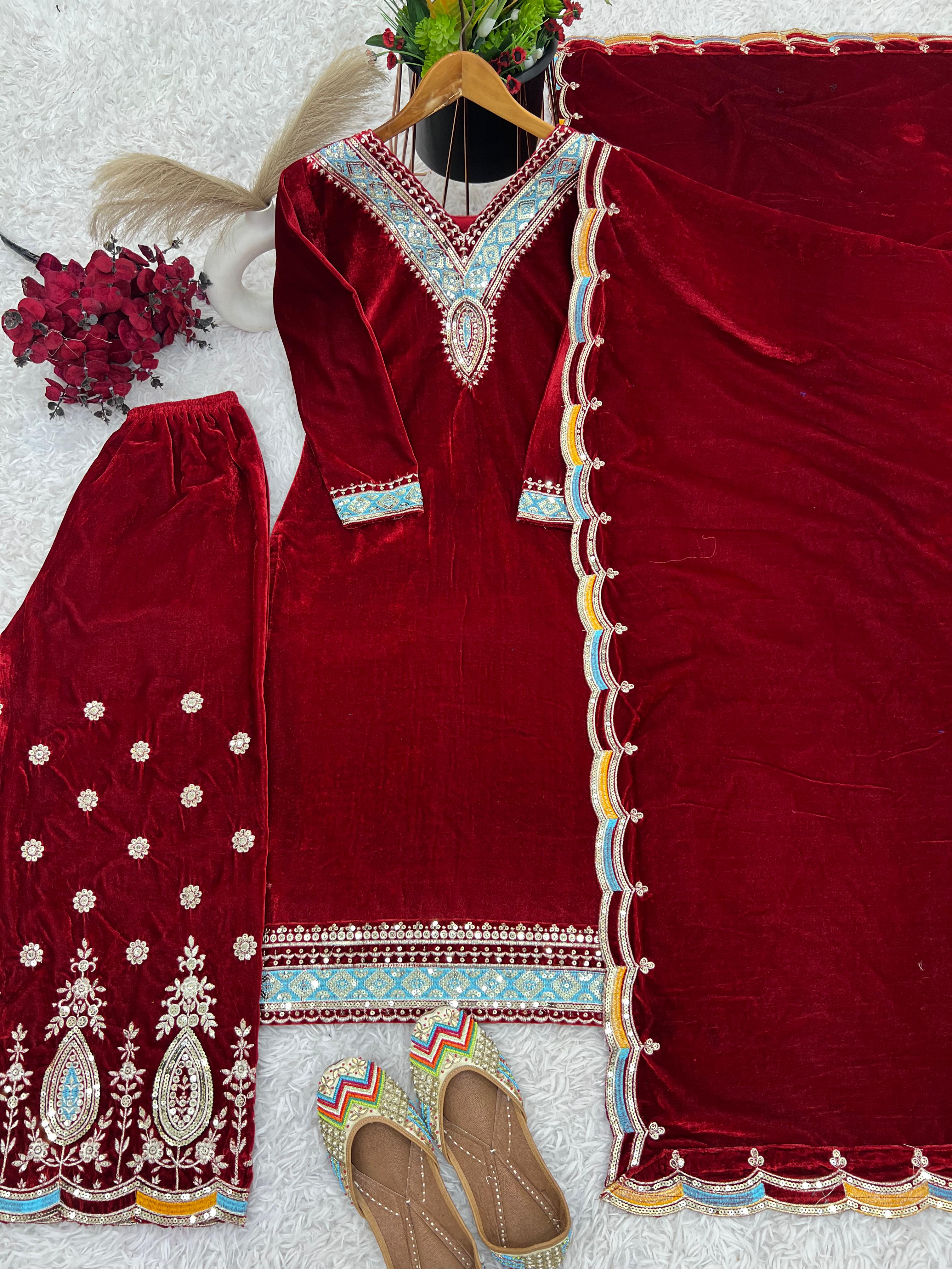 Party Wear Maroon Color Heavy Viscose Velvet With Heavy Embroidery Sequence Work Salwar Suit