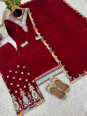 Party Wear Maroon Color Heavy Viscose Velvet With Heavy Embroidery Sequence Work Salwar Suit