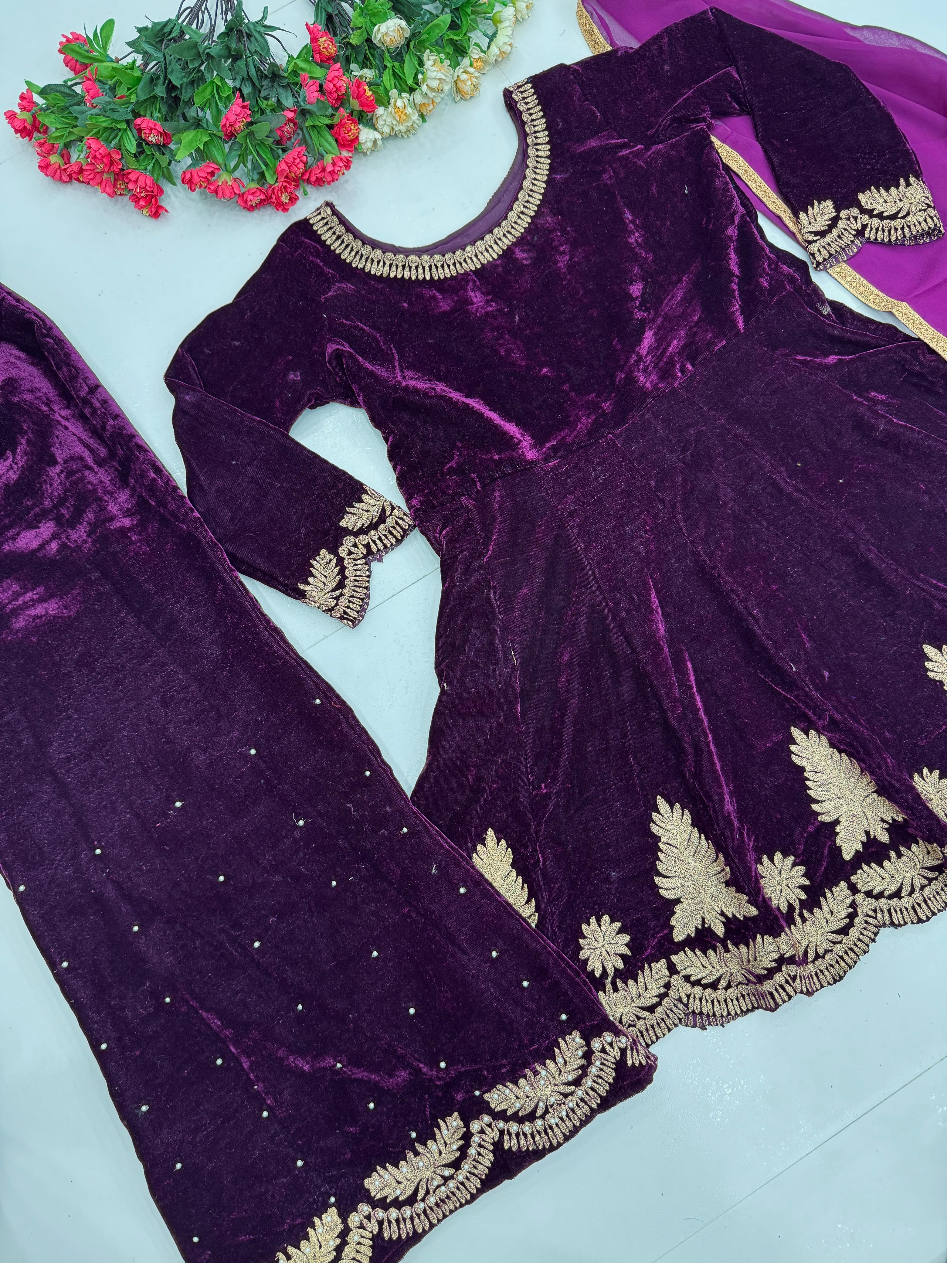 Fabulous Wine Color Heavy Viscose Velvet And Embroidery Work Designer Palazzo Suit