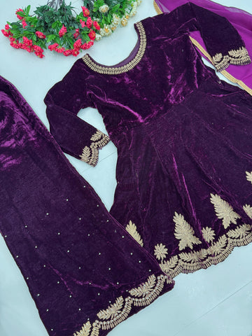 Fabulous Wine Color Heavy Viscose Velvet And Embroidery Work Designer Palazzo Suit