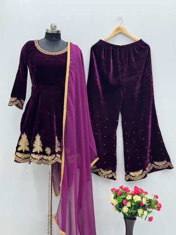 Fabulous Wine Color Heavy Viscose Velvet And Embroidery Work Designer Palazzo Suit