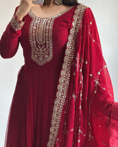 Party Wear Maroon Color Faux Georgette With Embroidery Sequence Work Designer Gown