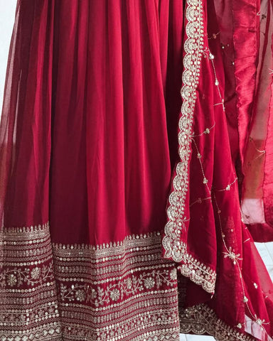 Party Wear Maroon Color Faux Georgette With Embroidery Sequence Work Designer Gown