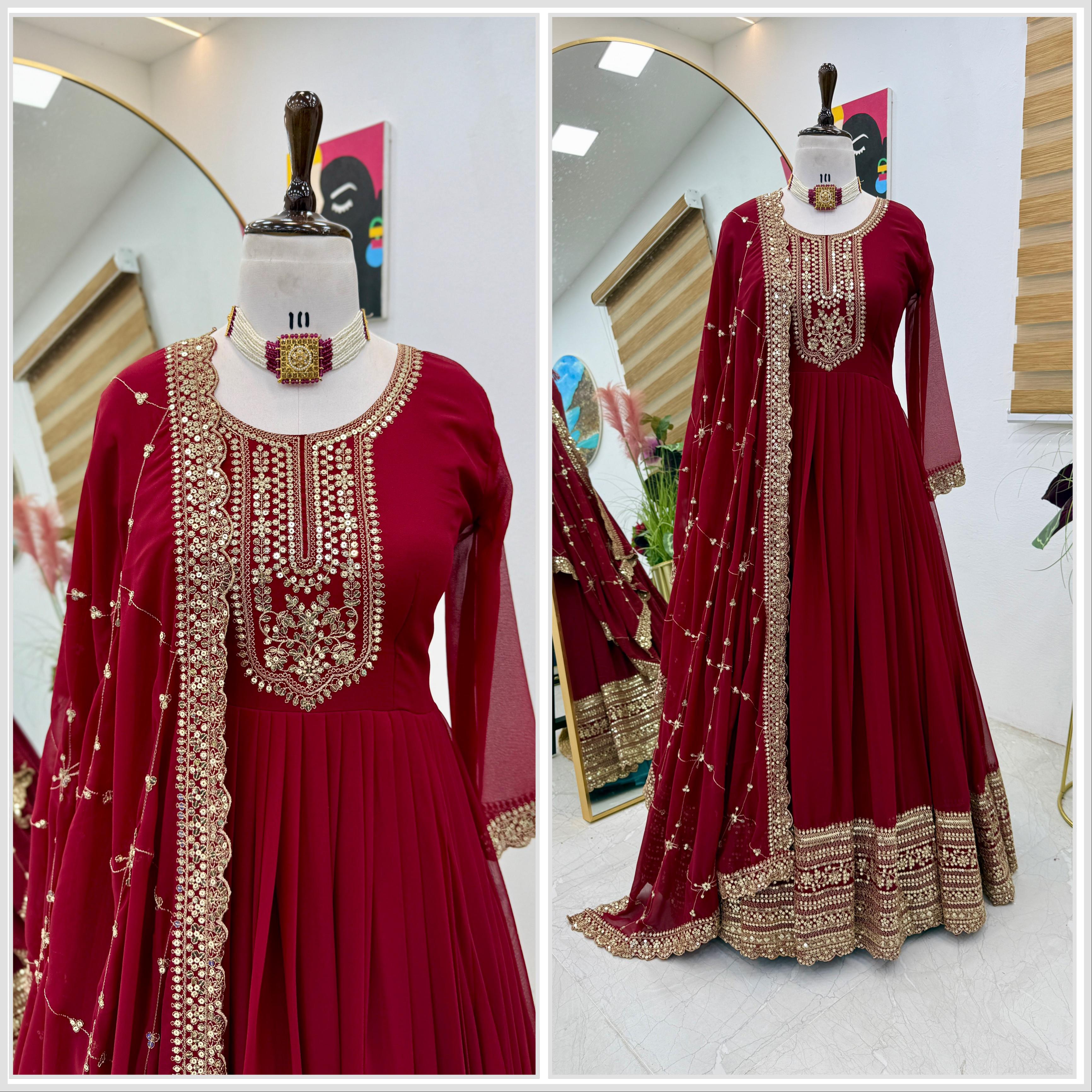 Party Wear Maroon Color Faux Georgette With Embroidery Sequence Work Designer Gown