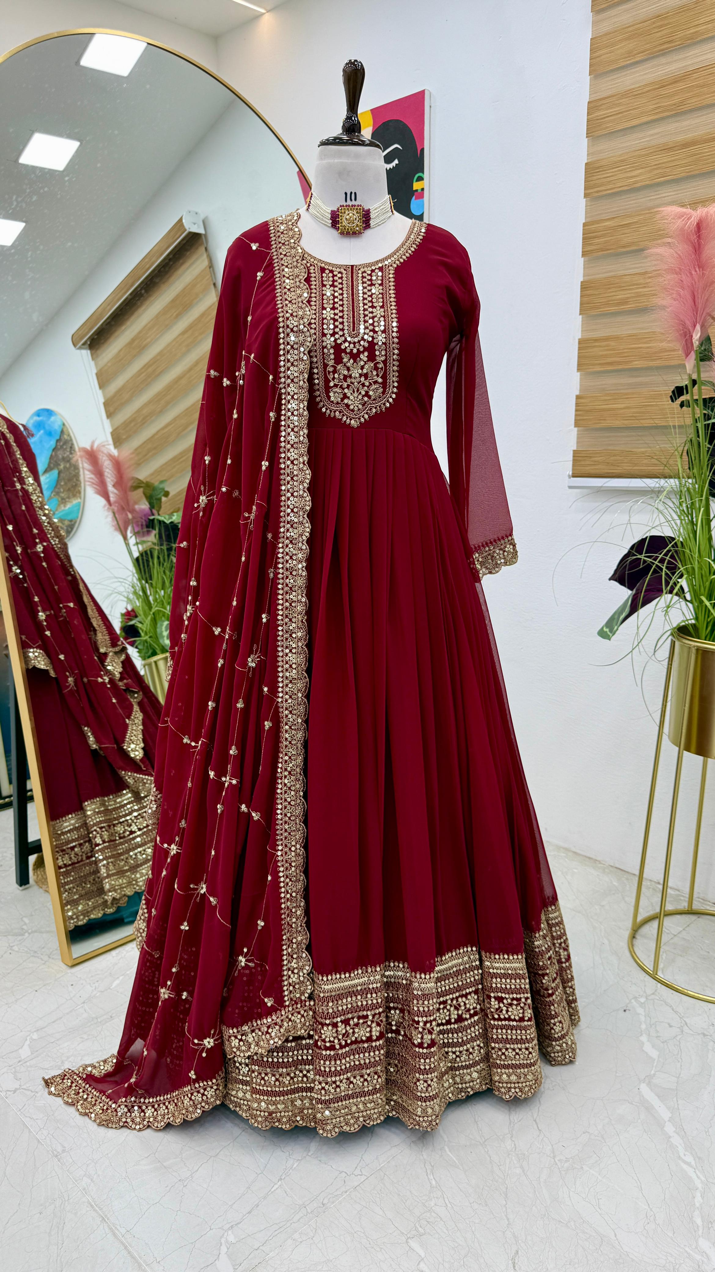 Party Wear Maroon Color Faux Georgette With Embroidery Sequence Work Designer Gown