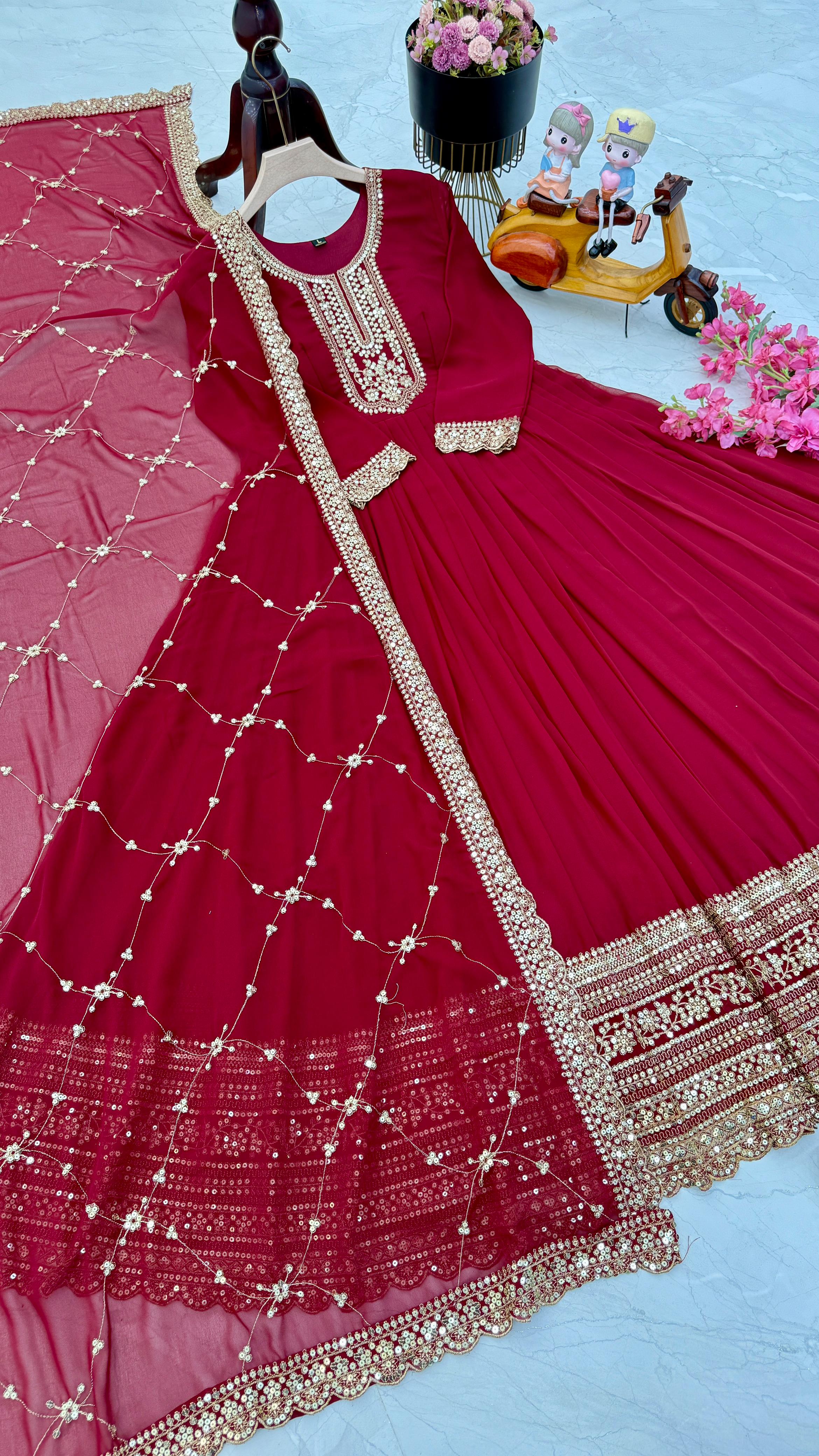 Party Wear Maroon Color Faux Georgette With Embroidery Sequence Work Designer Gown