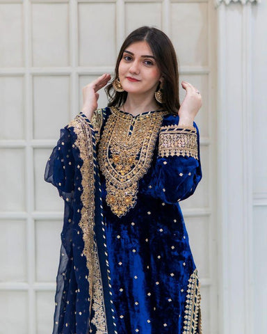 Engagement Wear Blue Color Velvet With Embroidery Sequence Designer Salwar Suit