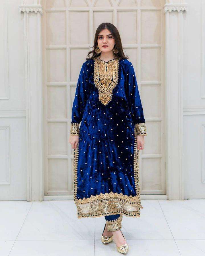 Engagement Wear Blue Color Velvet With Embroidery Sequence Designer Salwar Suit