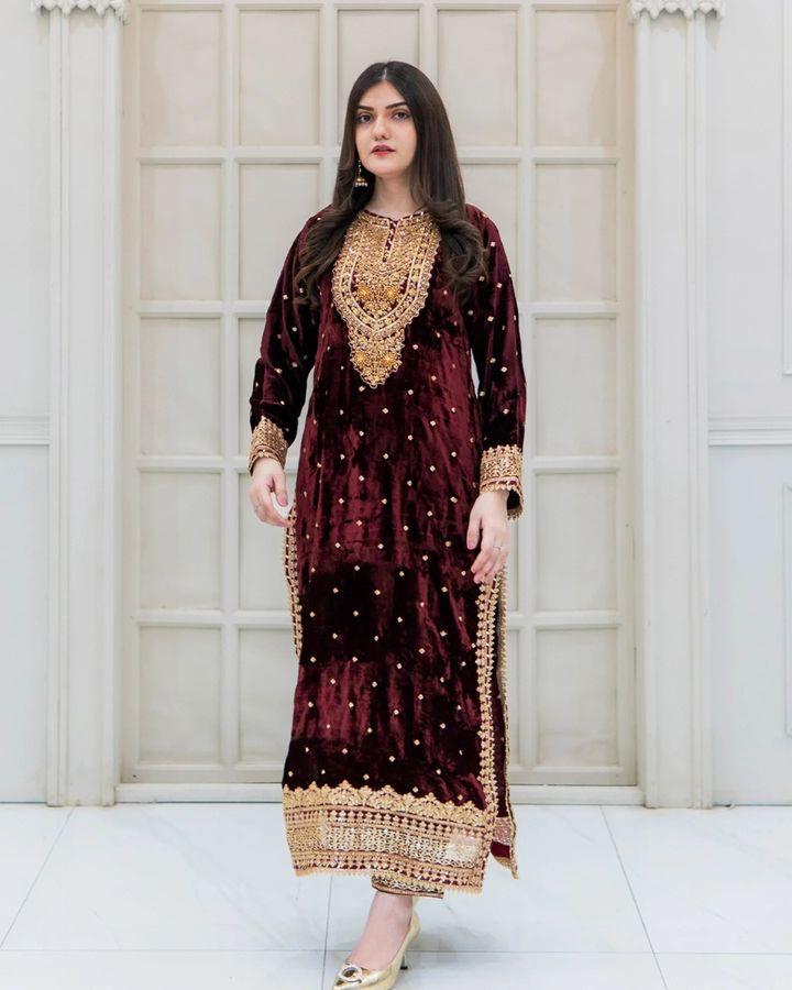 Occasion Wear Maroon Color Velvet With Embroidery Sequence Designer Salwar Suit