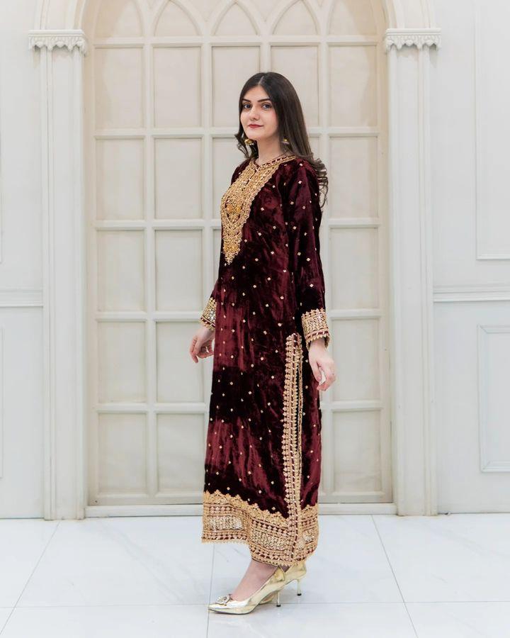 Occasion Wear Maroon Color Velvet With Embroidery Sequence Designer Salwar Suit