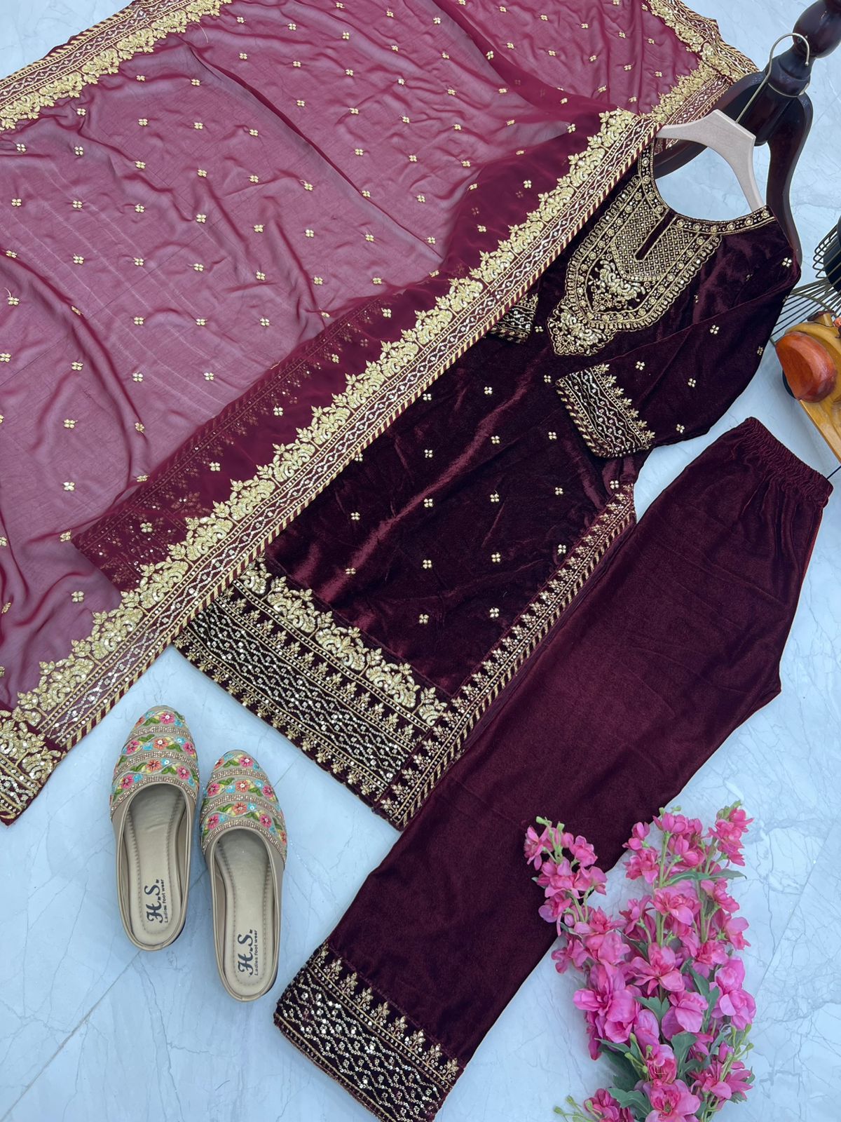 Occasion Wear Maroon Color Velvet With Embroidery Sequence Designer Salwar Suit