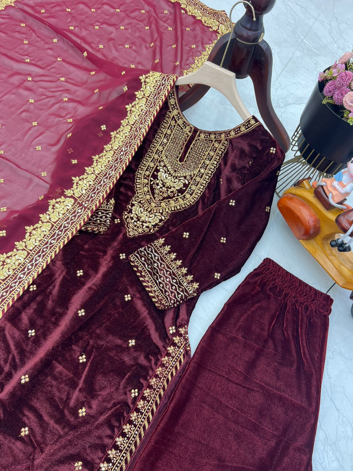 Occasion Wear Maroon Color Velvet With Embroidery Sequence Designer Salwar Suit