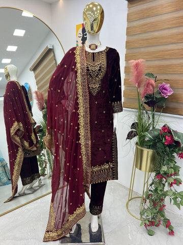 Occasion Wear Maroon Color Velvet With Embroidery Sequence Designer Salwar Suit