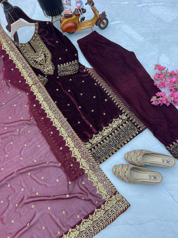 Occasion Wear Maroon Color Velvet With Embroidery Sequence Designer Salwar Suit