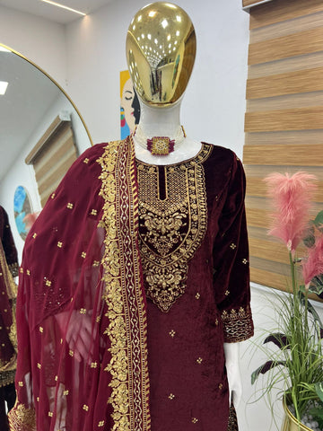 Occasion Wear Maroon Color Velvet With Embroidery Sequence Designer Salwar Suit