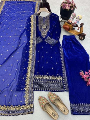 Engagement Wear Blue Color Velvet With Embroidery Sequence Designer Salwar Suit