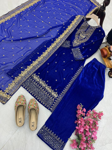 Engagement Wear Blue Color Velvet With Embroidery Sequence Designer Salwar Suit