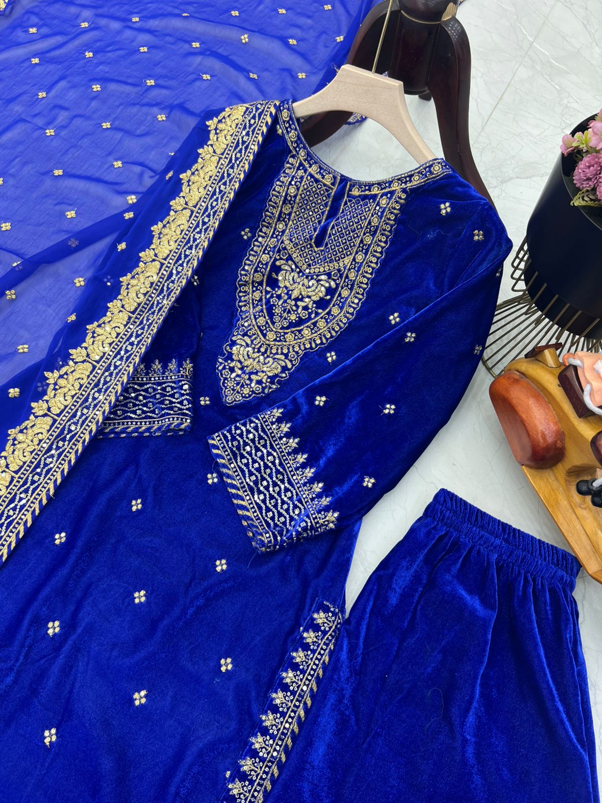 Engagement Wear Blue Color Velvet With Embroidery Sequence Designer Salwar Suit