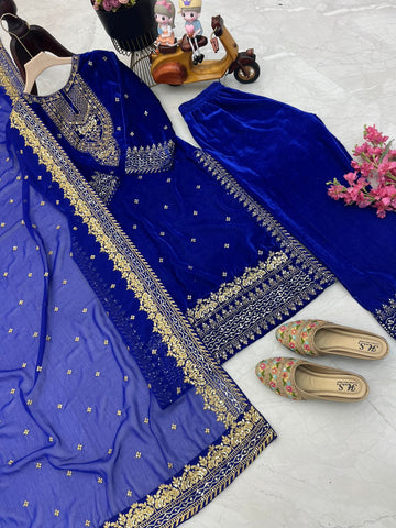 Engagement Wear Blue Color Velvet With Embroidery Sequence Designer Salwar Suit