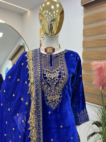 Engagement Wear Blue Color Velvet With Embroidery Sequence Designer Salwar Suit