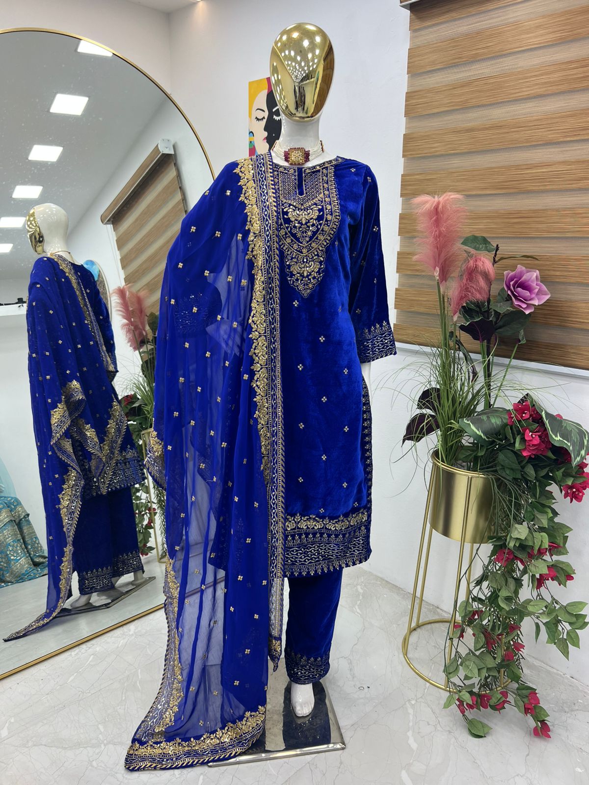 Engagement Wear Blue Color Velvet With Embroidery Sequence Designer Salwar Suit