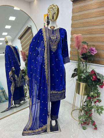 Engagement Wear Blue Color Velvet With Embroidery Sequence Designer Salwar Suit