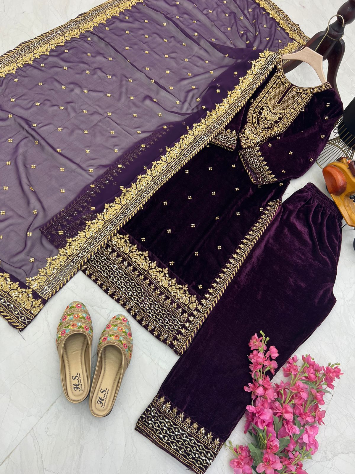 Ceremony Wear Wine Color Velvet With Embroidery Sequence Designer Salwar Suit