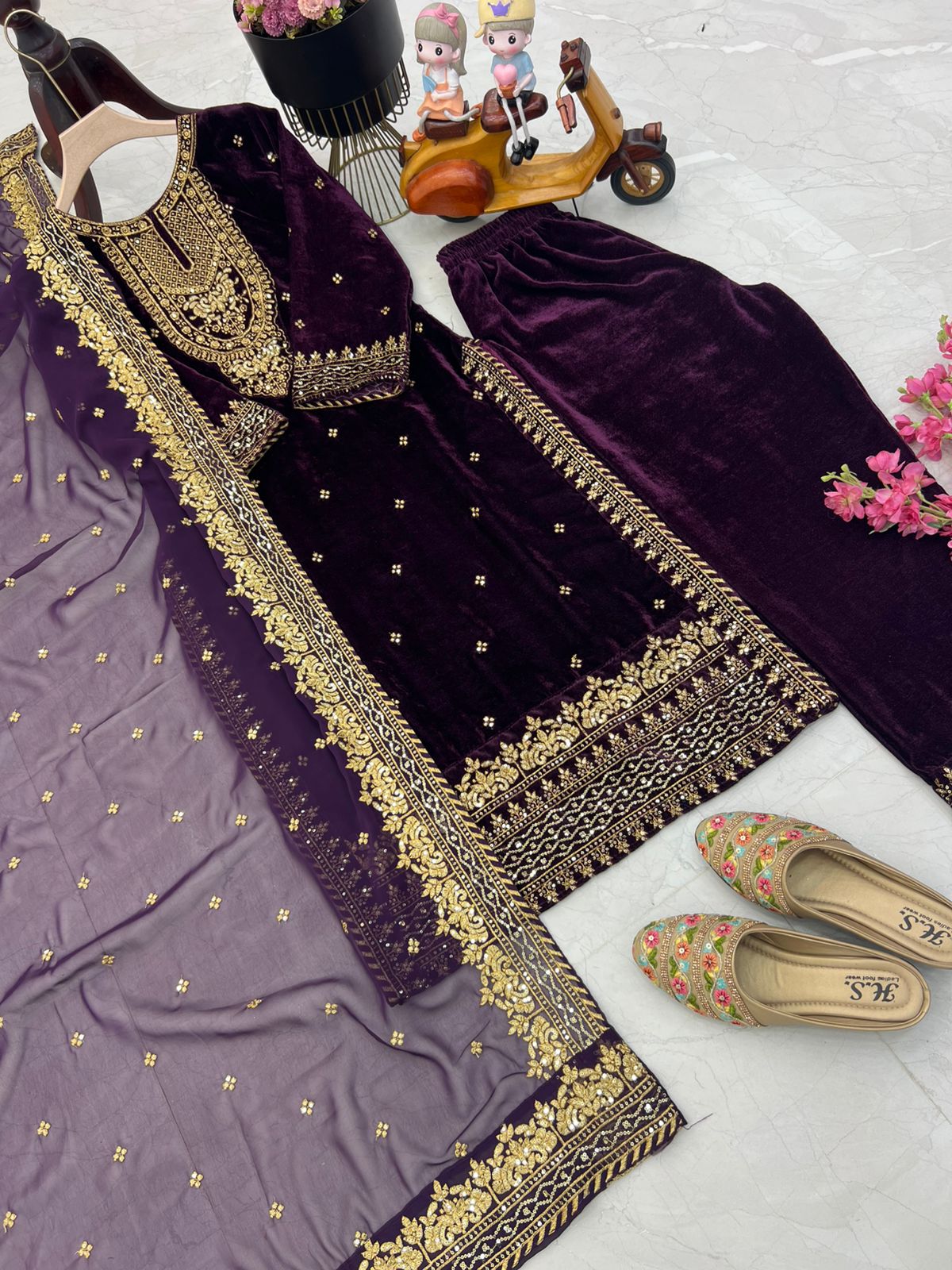 Ceremony Wear Wine Color Velvet With Embroidery Sequence Designer Salwar Suit