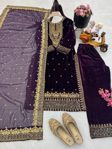 Ceremony Wear Wine Color Velvet With Embroidery Sequence Designer Salwar Suit