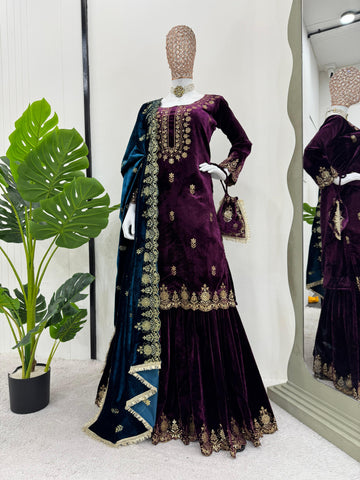 Party Wear Purple Color Viscos Velvet And Thread With Sequence Work Designer Sharara Suit