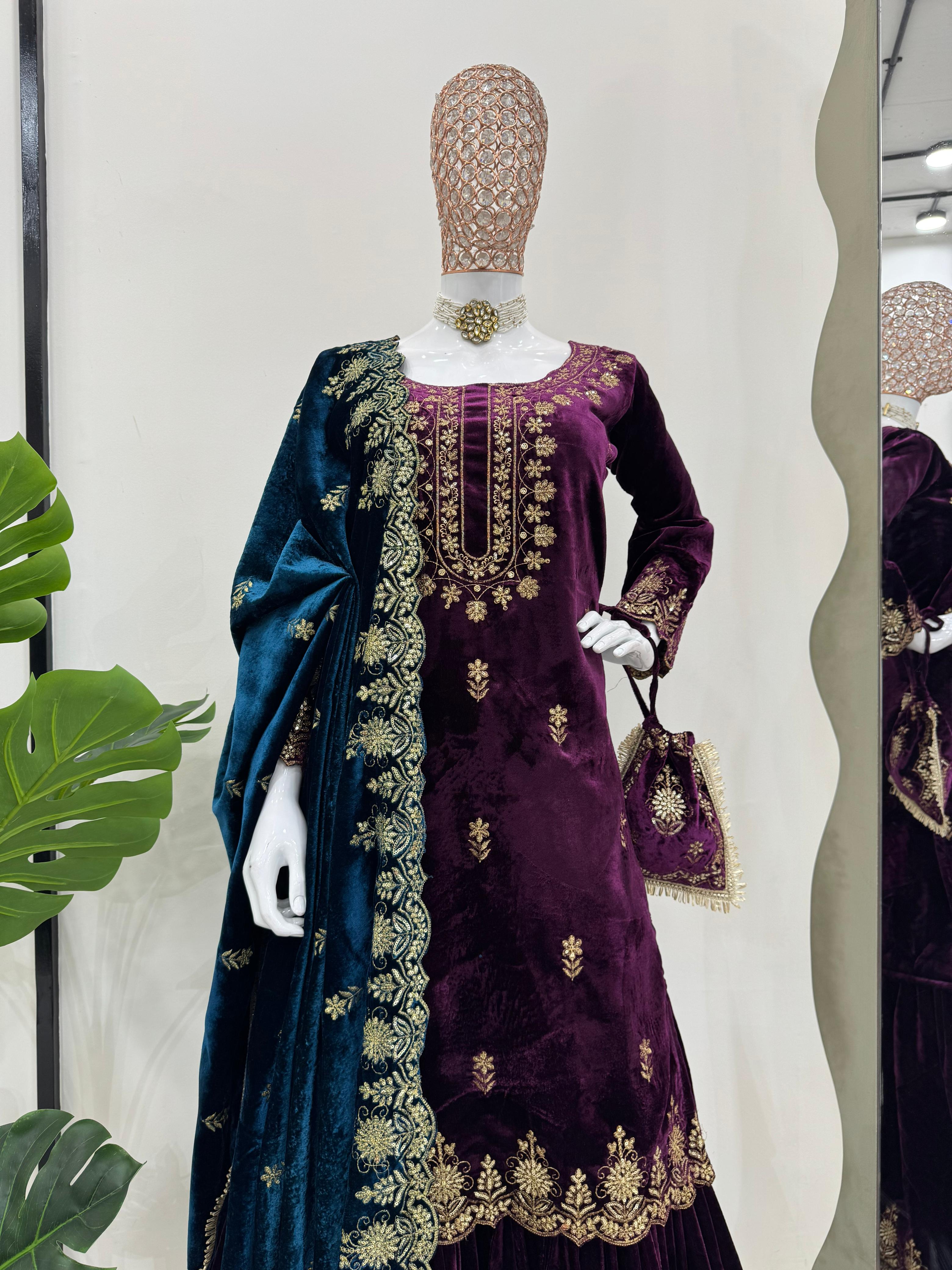 Party Wear Purple Color Viscos Velvet And Thread With Sequence Work Designer Sharara Suit