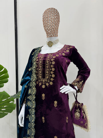 Party Wear Purple Color Viscos Velvet And Thread With Sequence Work Designer Sharara Suit