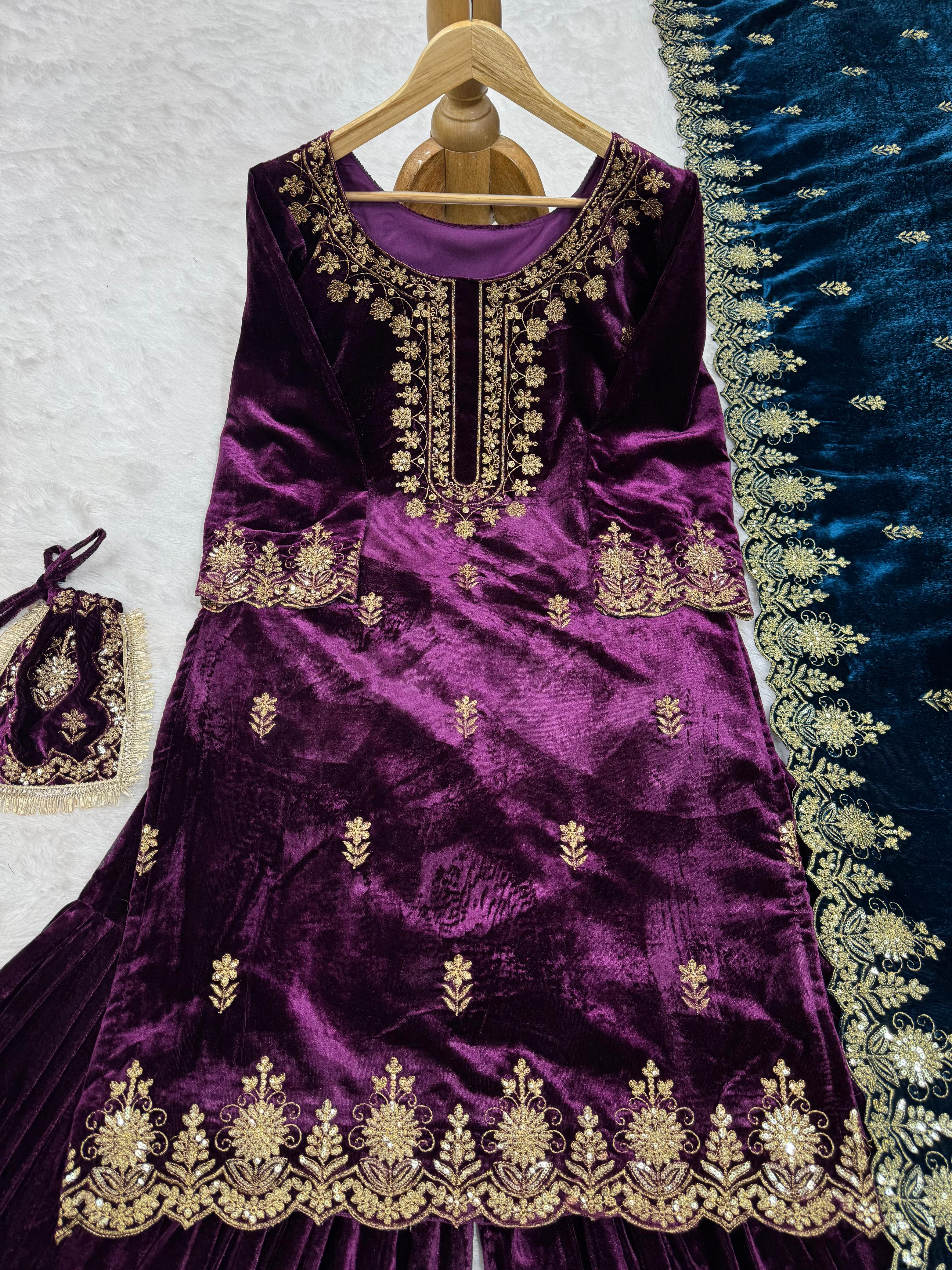 Party Wear Purple Color Viscos Velvet And Thread With Sequence Work Designer Sharara Suit