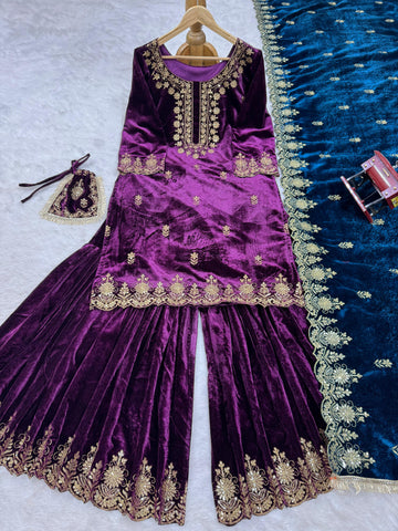 Party Wear Purple Color Viscos Velvet And Thread With Sequence Work Designer Sharara Suit