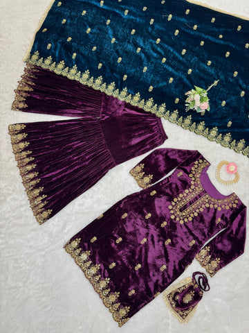 Party Wear Purple Color Viscos Velvet And Thread With Sequence Work Designer Sharara Suit