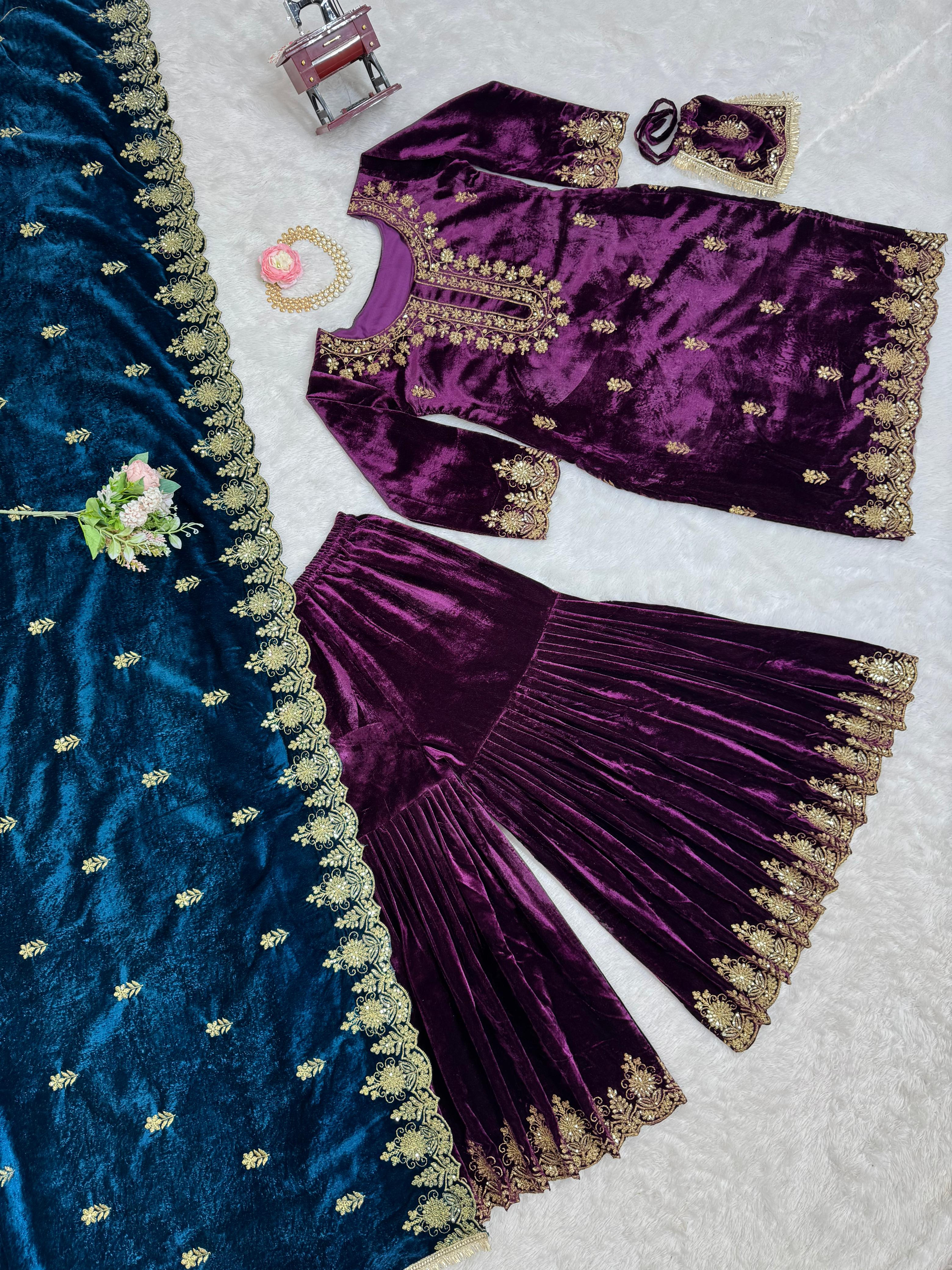 Party Wear Purple Color Viscos Velvet And Thread With Sequence Work Designer Sharara Suit