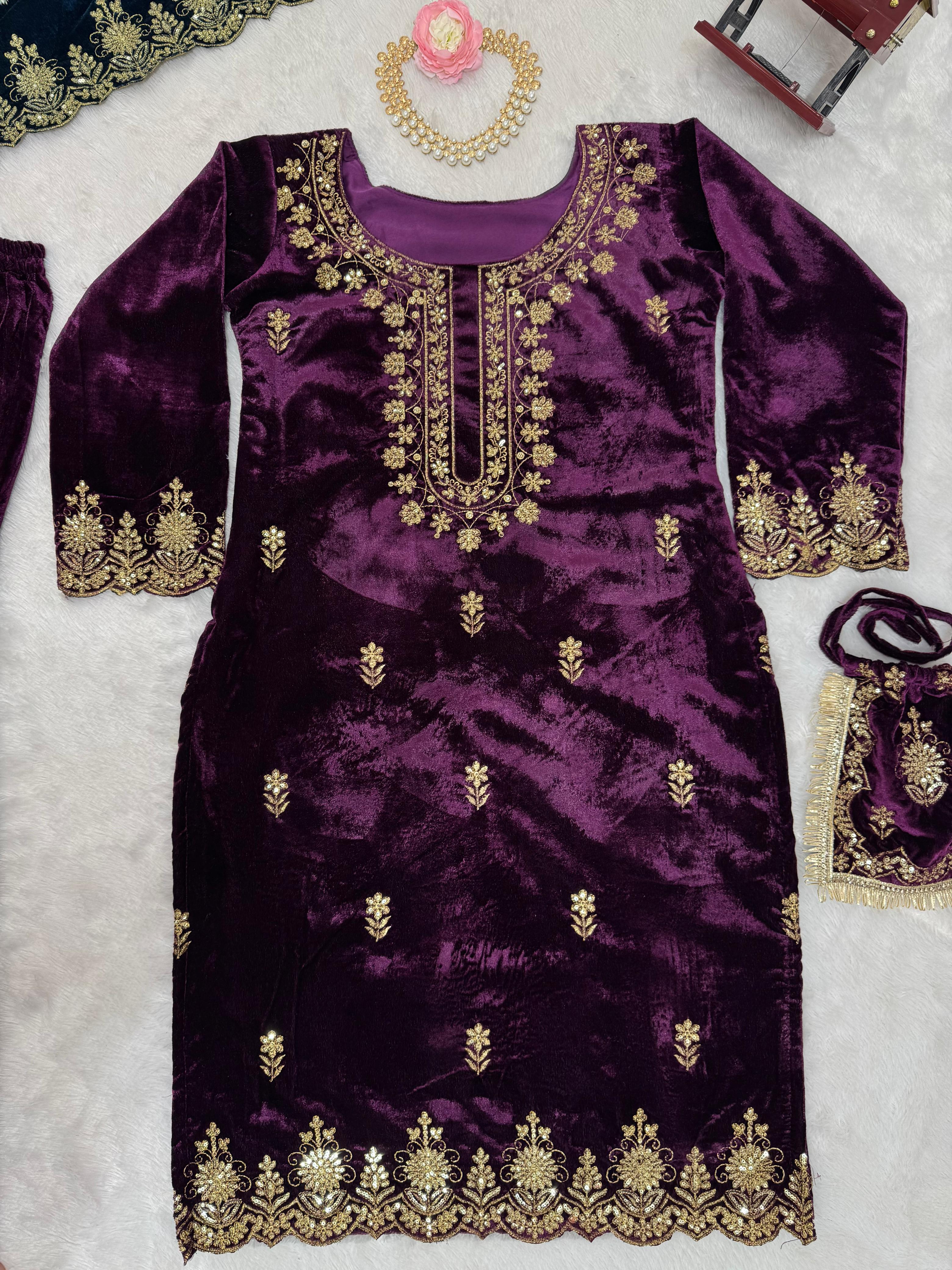 Party Wear Purple Color Viscos Velvet And Thread With Sequence Work Designer Sharara Suit