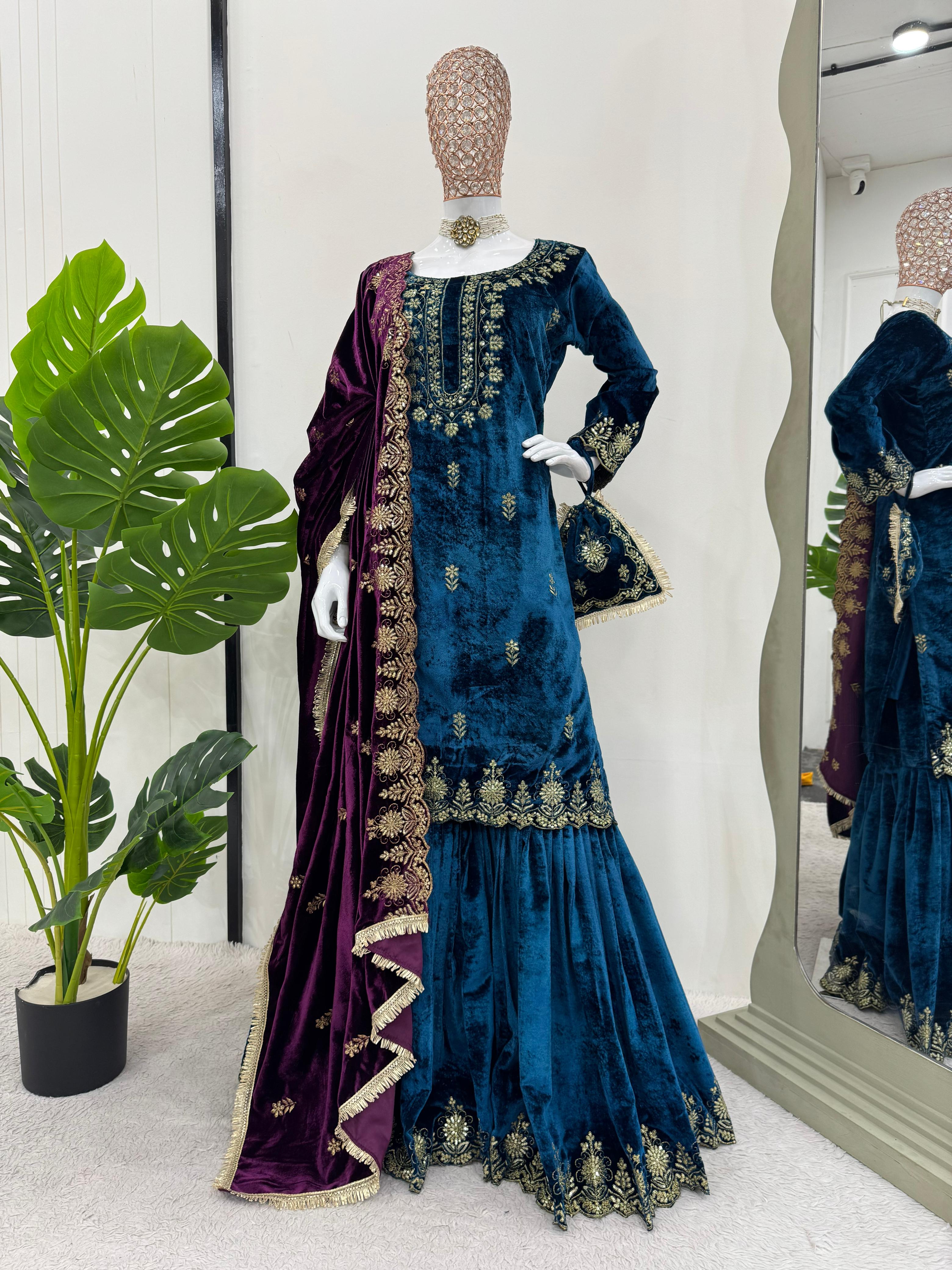 Marriage Wear Sky Blue Color Viscos Velvet And Thread With Sequence Work Designer Sharara Suit