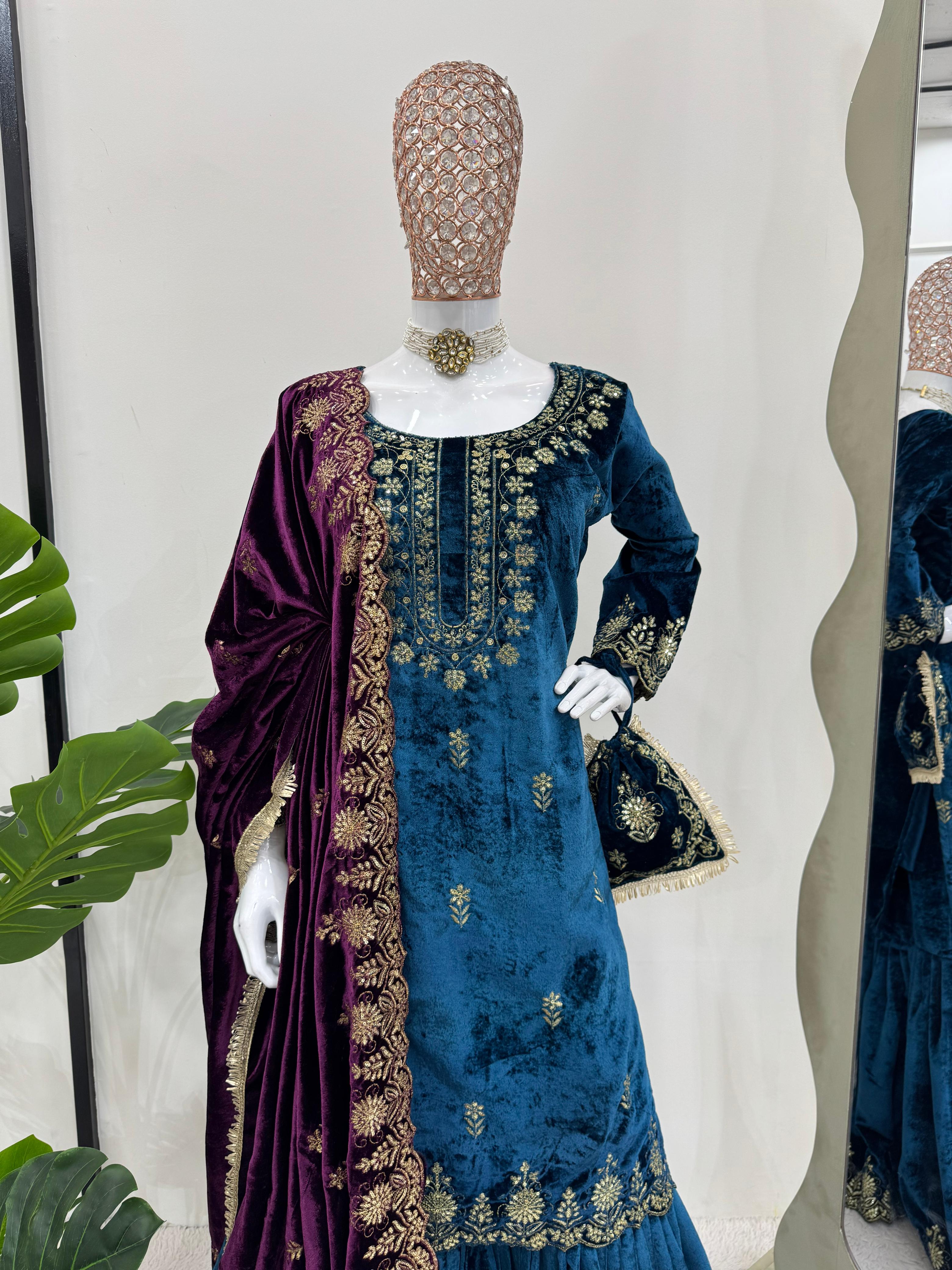 Marriage Wear Sky Blue Color Viscos Velvet And Thread With Sequence Work Designer Sharara Suit