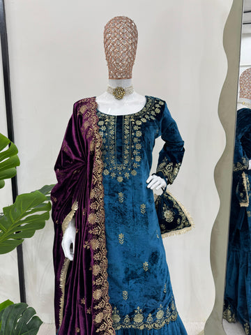 Marriage Wear Sky Blue Color Viscos Velvet And Thread With Sequence Work Designer Sharara Suit