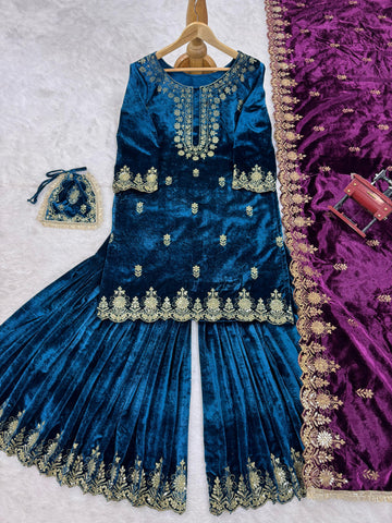 Marriage Wear Sky Blue Color Viscos Velvet And Thread With Sequence Work Designer Sharara Suit