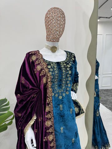 Marriage Wear Sky Blue Color Viscos Velvet And Thread With Sequence Work Designer Sharara Suit